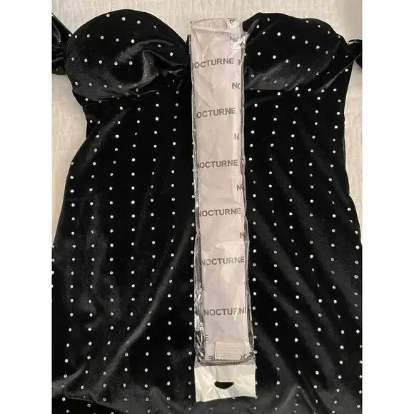Nocturne Dress Womens Large Black Velvet Crystal Polka Dot Puff Sleeve Party L40 - Picture 9 of 9